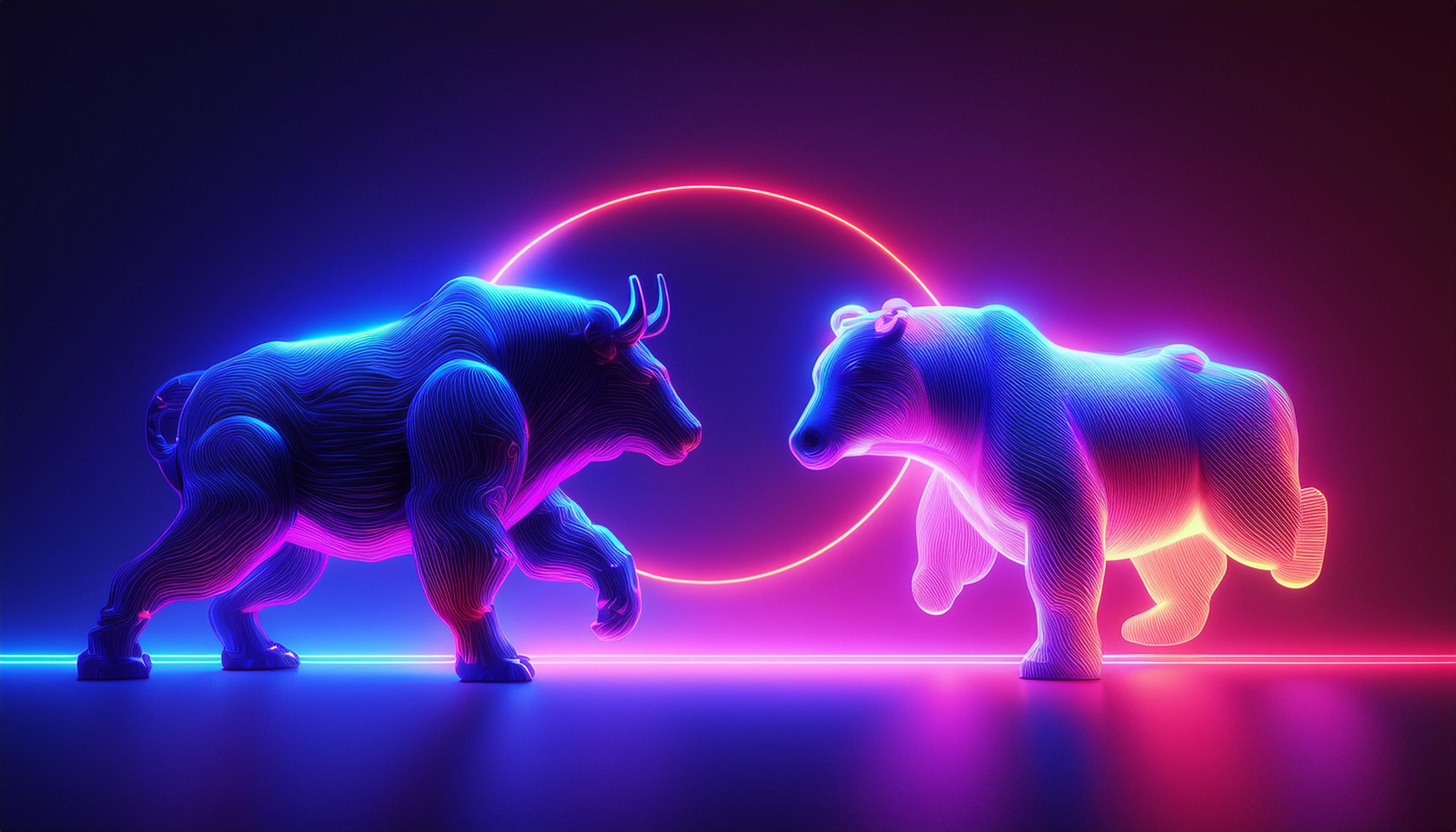 Neon bull and bear artwork for the EyesInvest landing page