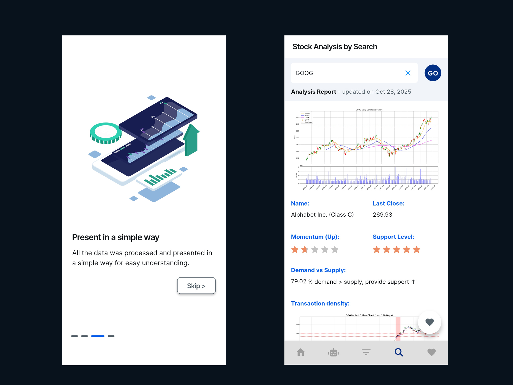 Simple stock analysis onboarding preview